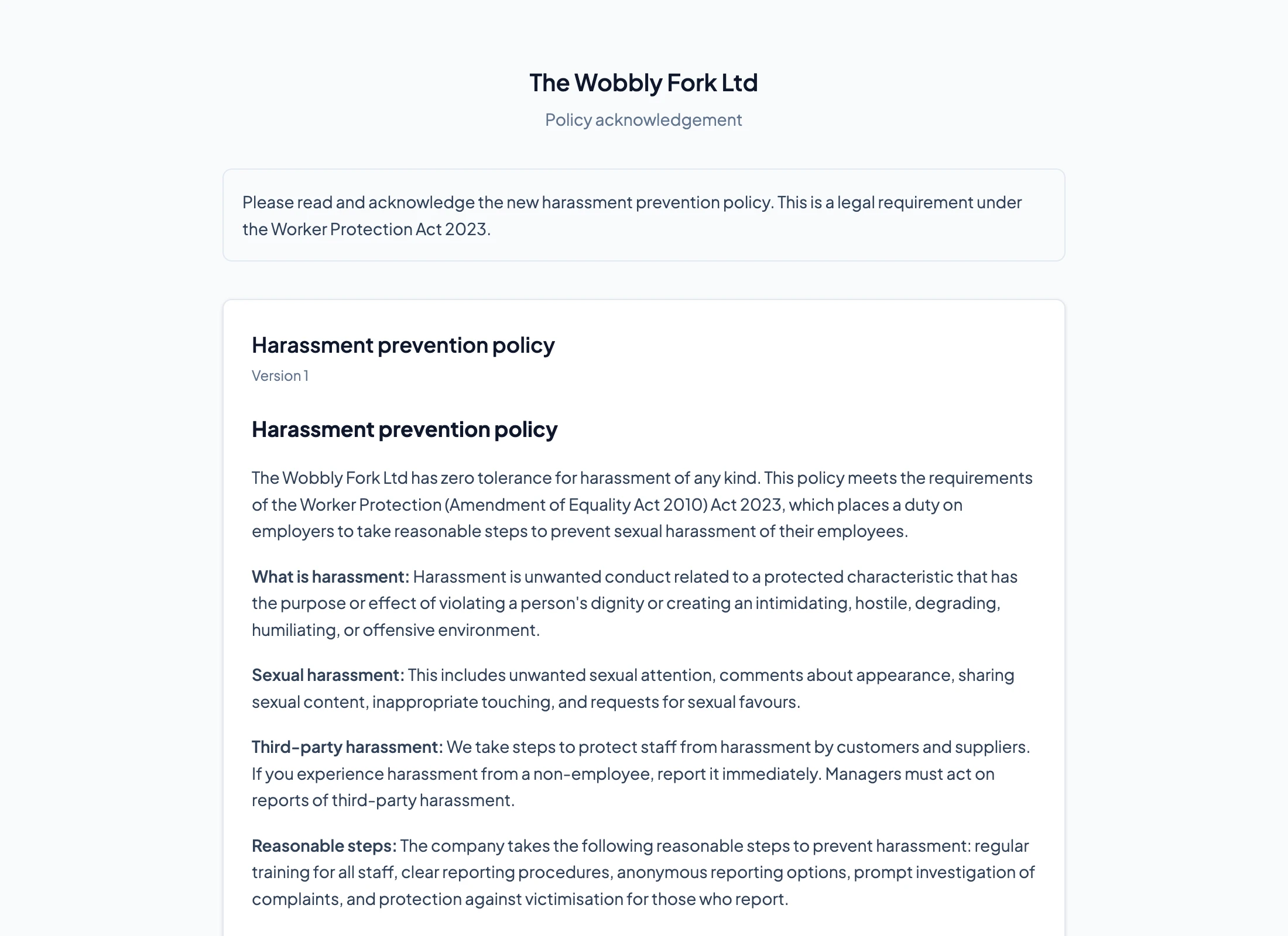 Employee acknowledgement page with policy text and confirmation button