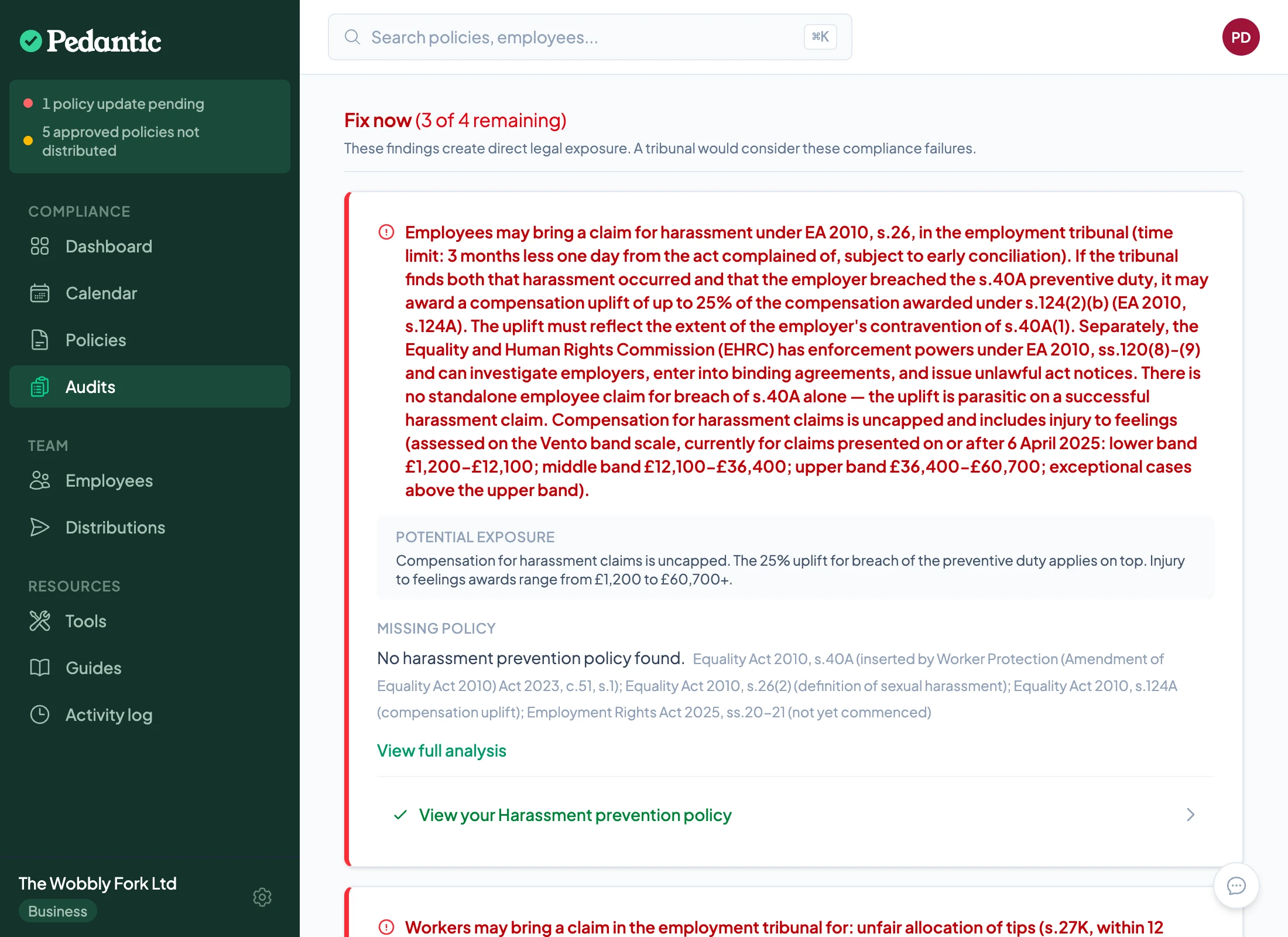 Individual audit finding with consequence text and cited legislation
