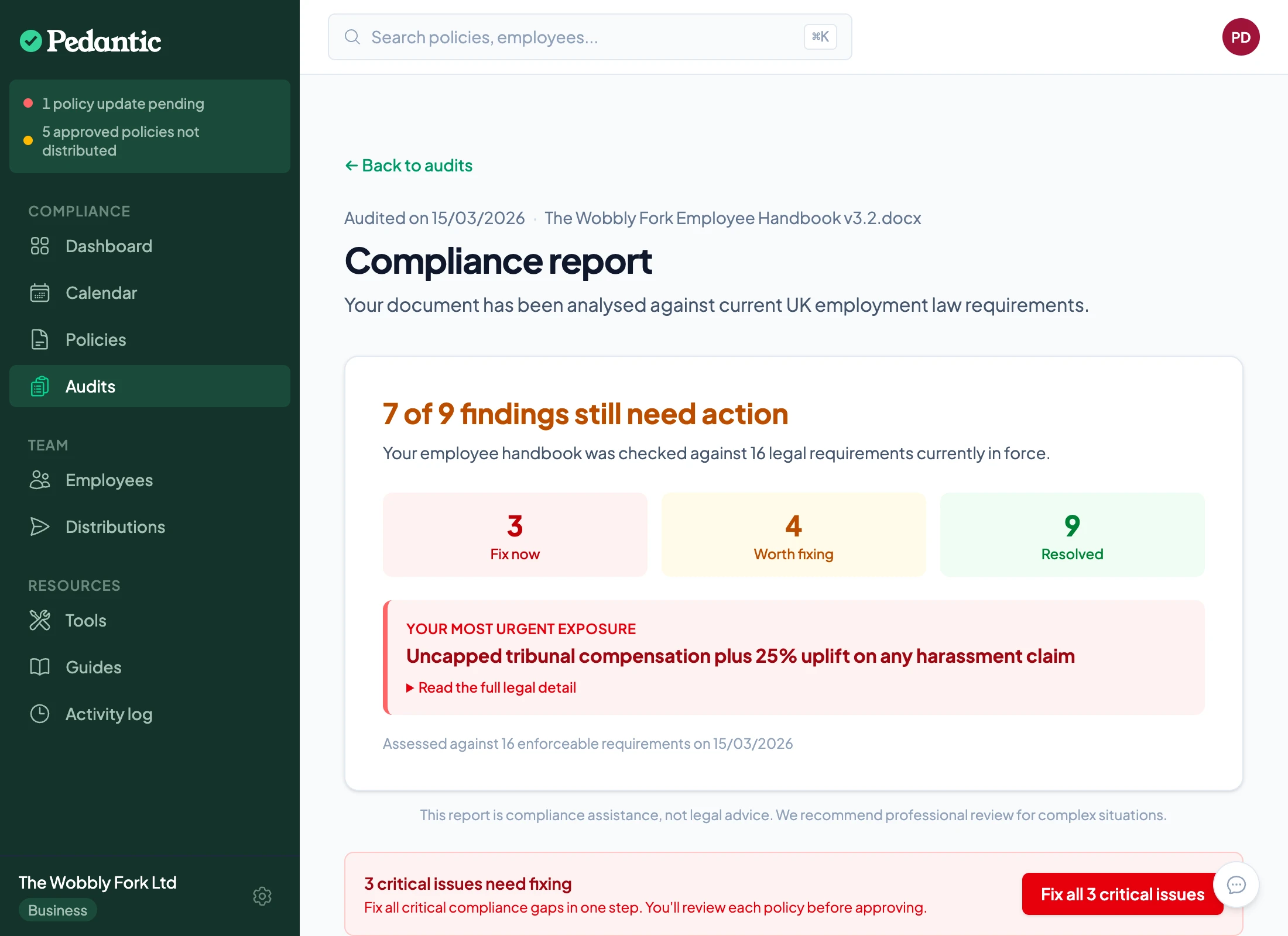 Audit report showing tribunal exposure estimate with financial breakdown