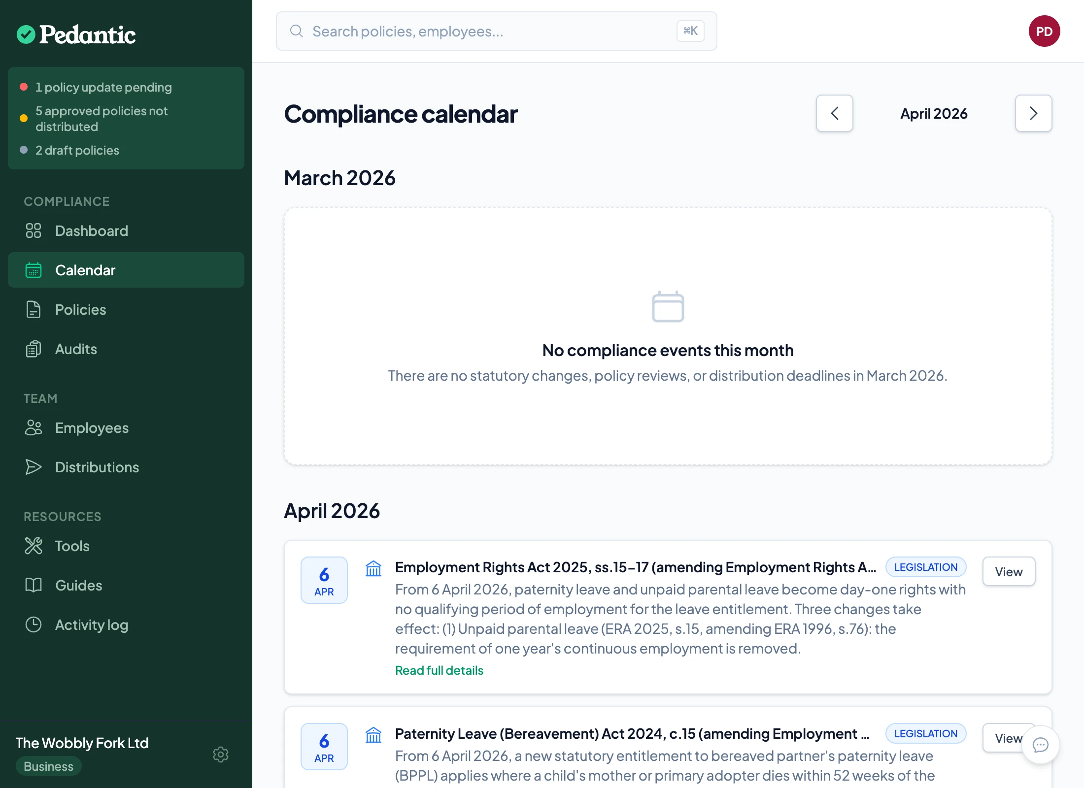 Compliance calendar showing statutory dates and policy review deadlines
