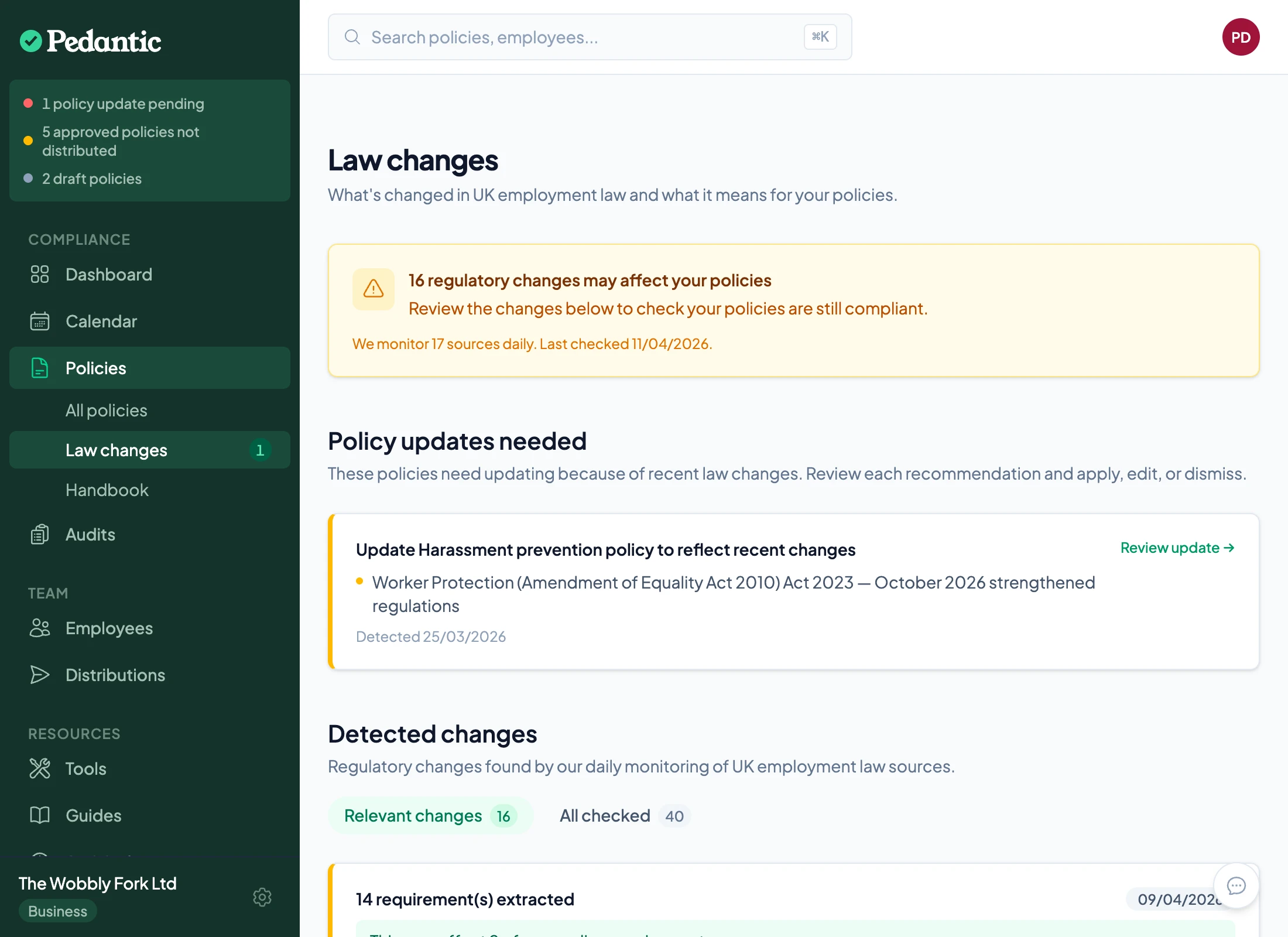 Law changes dashboard with policy update recommendation